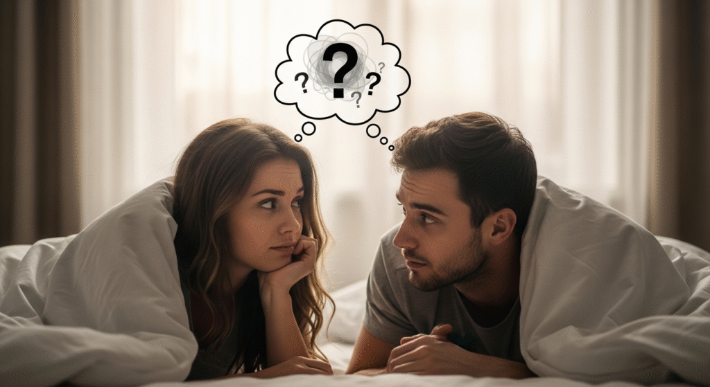 Couple au lit se demandant comment savoir si on a atteint l'orgasme